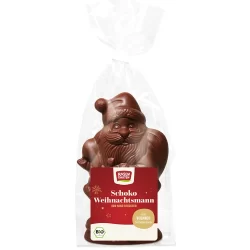 Figurine classique de Père Noel en chocolat bio et vegan, chocolat de couverture au sirop de riz et noisettes