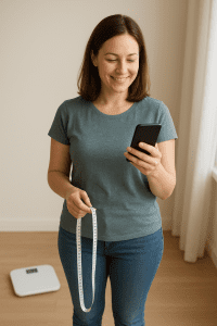 Femme mesurant son IMC avec son téléphone à côté d’un pèse-personne et d’un mètre