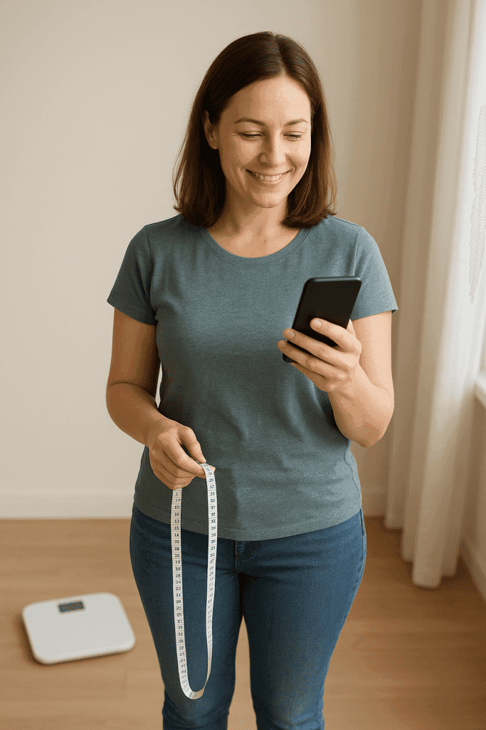 Femme mesurant son IMC avec son téléphone à côté d’un pèse-personne et d’un mètre