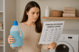 Femme consultant un tableau de dosage lessive liquide dans sa buanderie avec une bouteille de lessive à la main